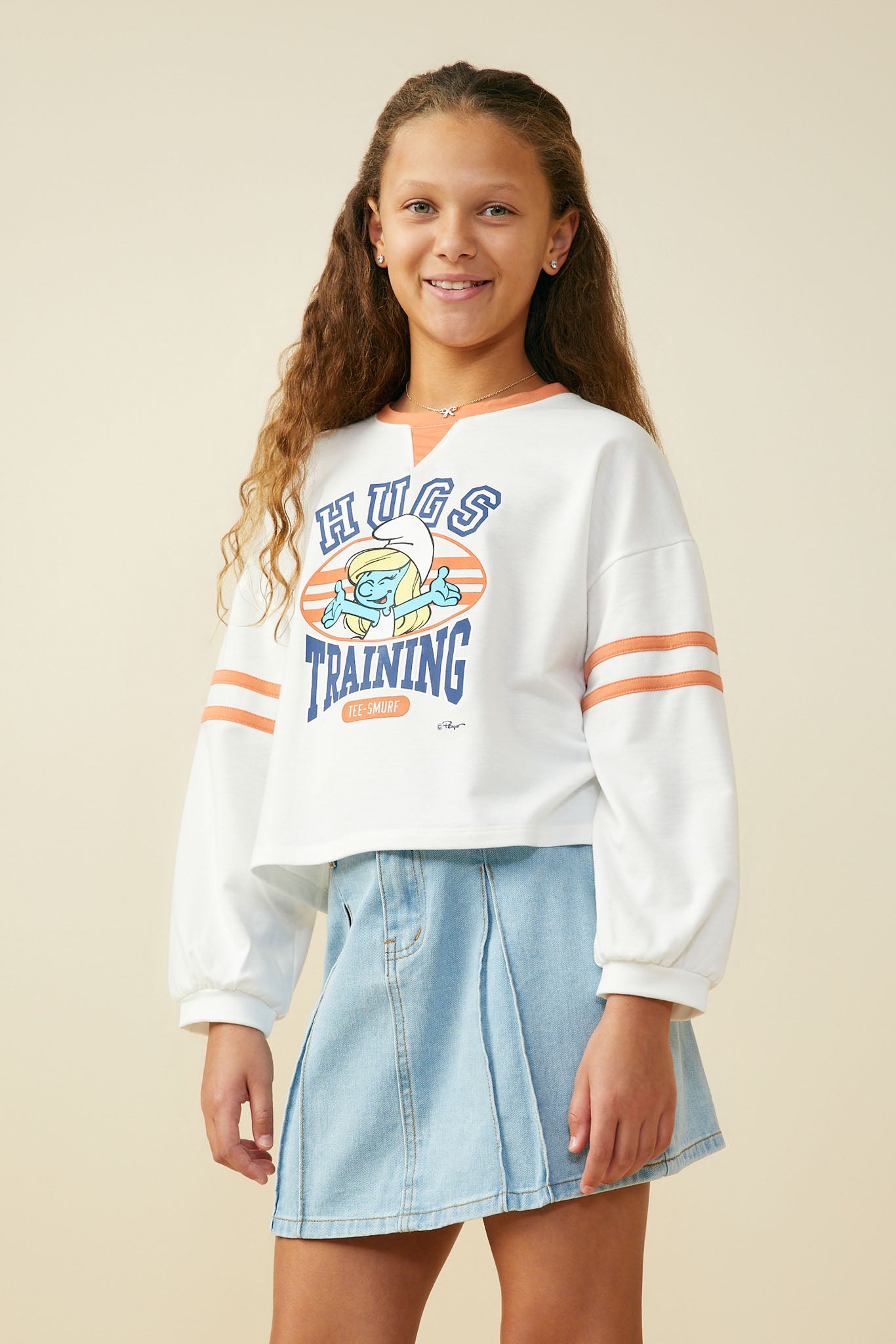 GS0058 Orange Smurfs Training Graphic French Terry Long Sleeve T Shirt Front 2