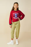 GS0059 Red Smurfs Athletic Club Graphic French Terry Long Sleeve T Shirt Pose