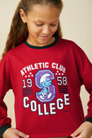 GS0059 Red Smurfs Athletic Club Graphic French Terry Long Sleeve T Shirt Detail