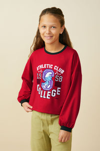 GS0059 Red Smurfs Athletic Club Graphic French Terry Long Sleeve T Shirt Front 2