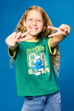 GS0060 Green Smurfs University Graphic French Terry Ringer T Shirt Pose