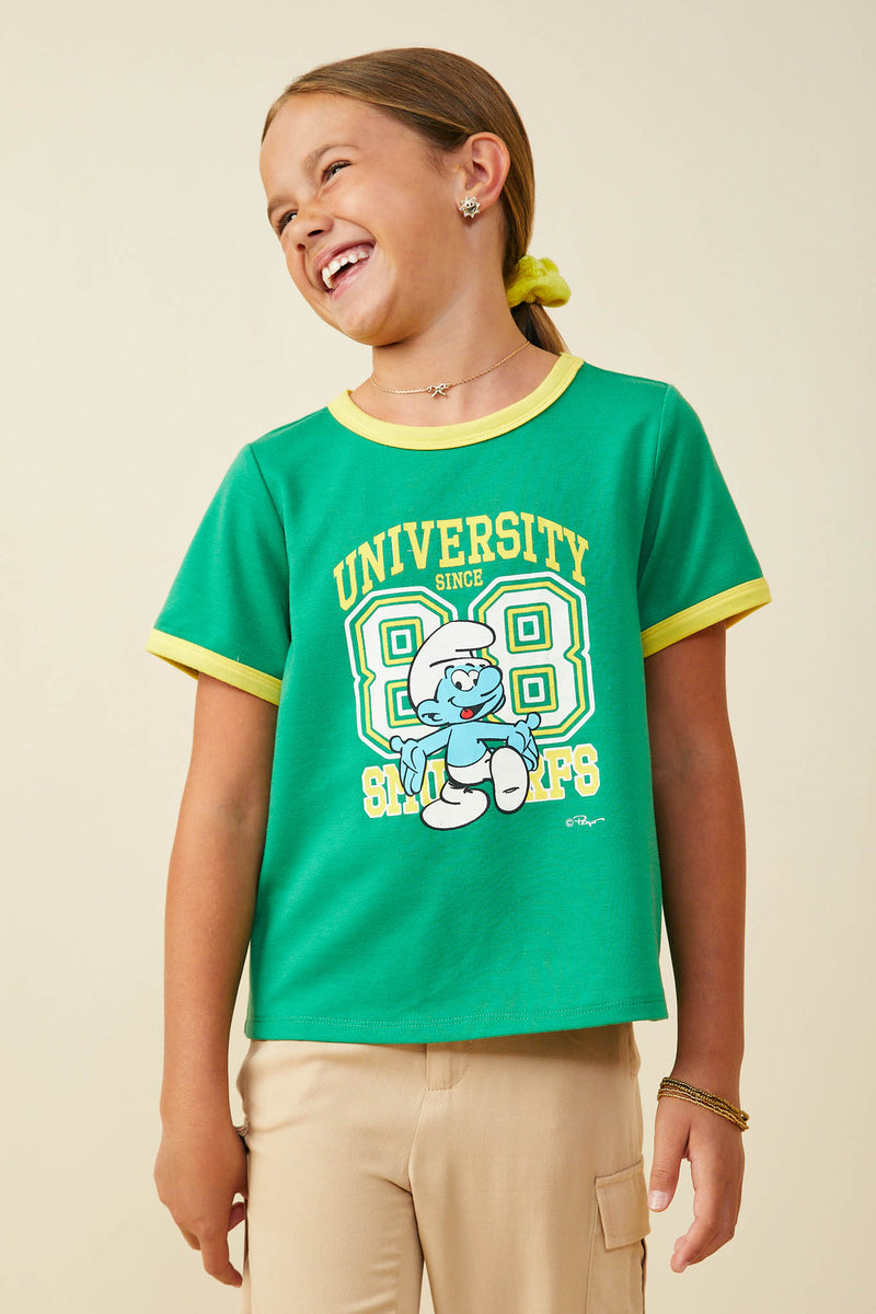 GS0060 Green Smurfs University Graphic French Terry Ringer T Shirt Front