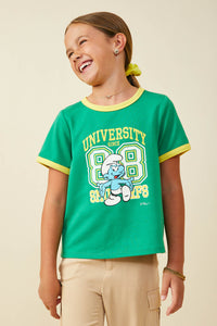 GS0060 Green Smurfs University Graphic French Terry Ringer T Shirt Front