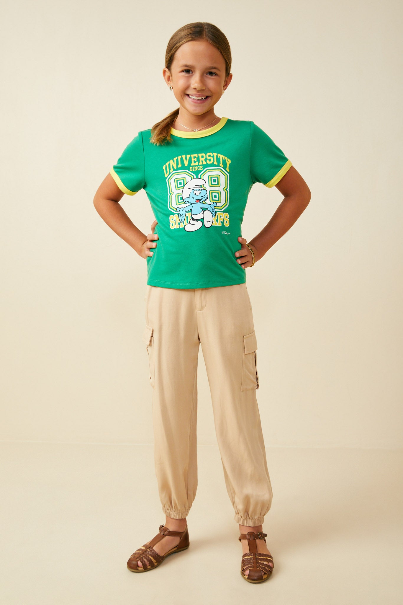 GS0060 Green Smurfs University Graphic French Terry Ringer T Shirt Full Body