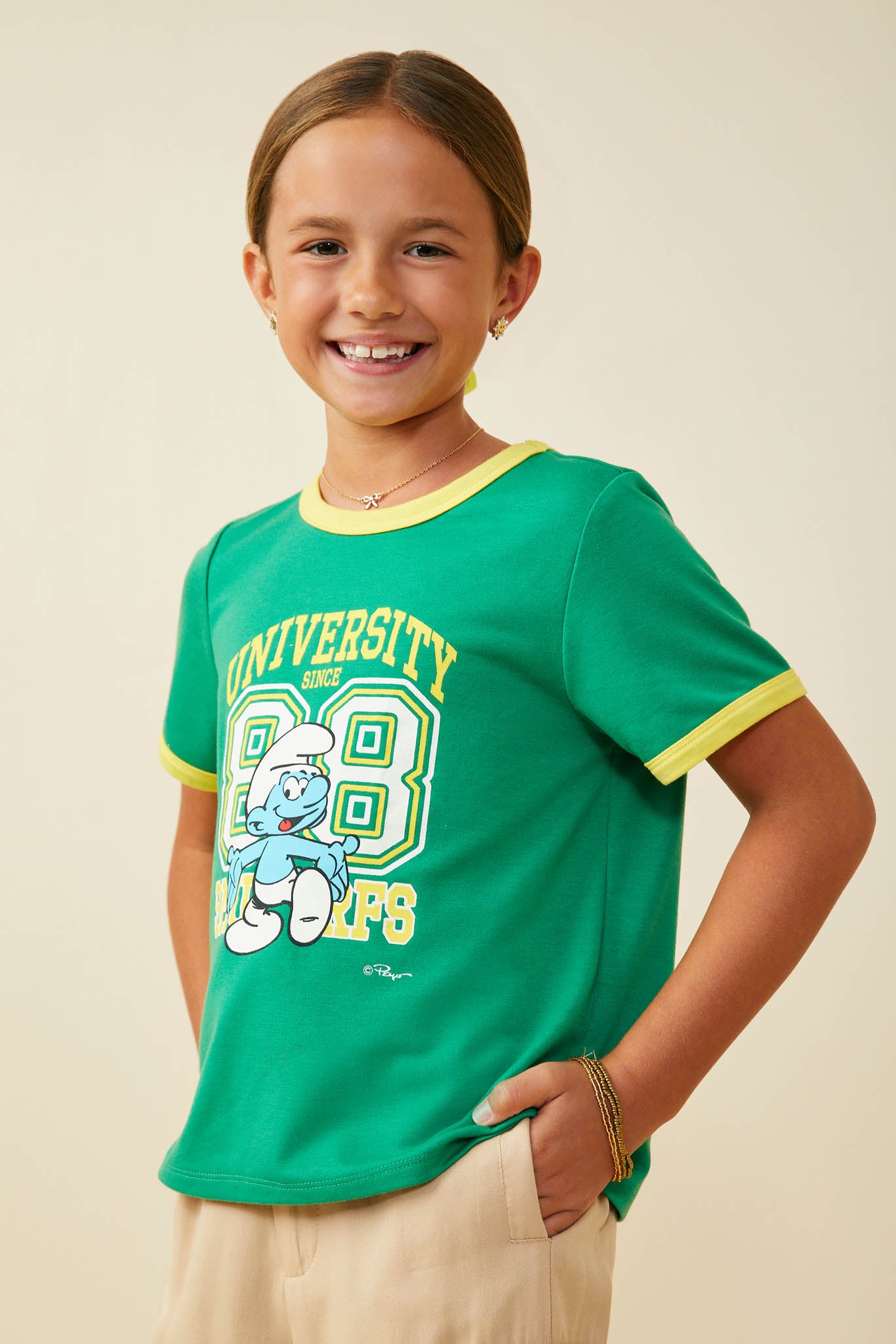 GS0060 Green Smurfs University Graphic French Terry Ringer T Shirt Side