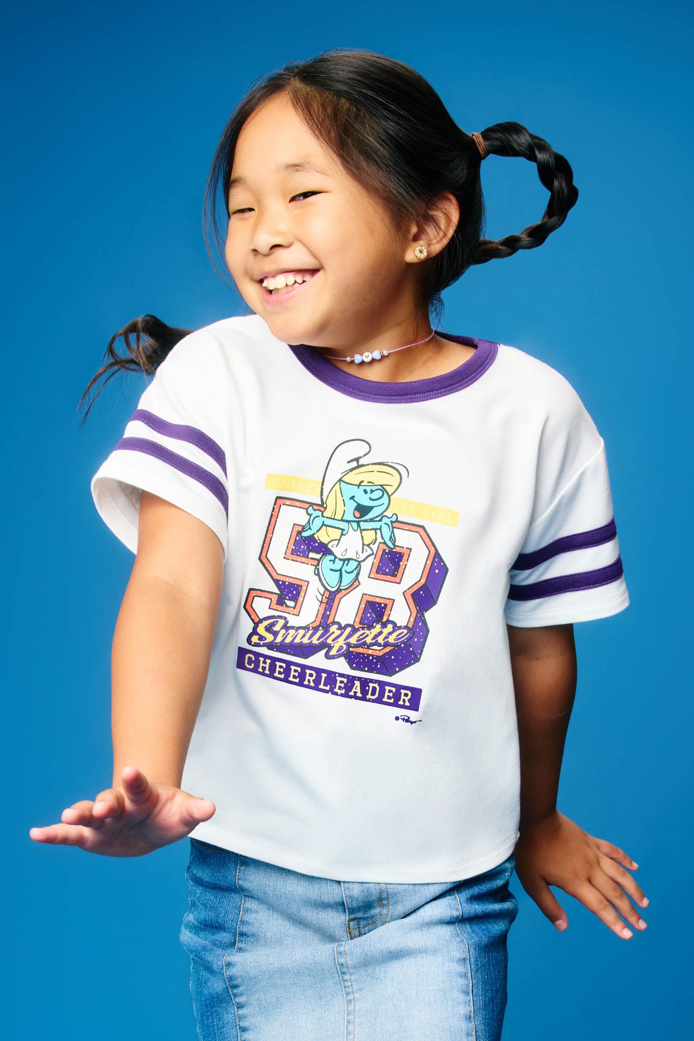 Smurfs Cheerleader Graphic French Terry Ringer T Shirt