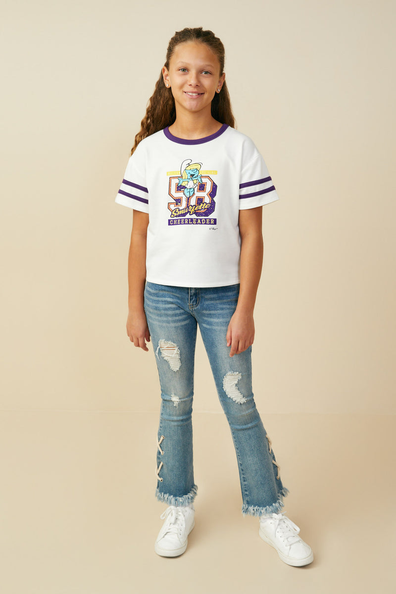 GS0061 Purple Smurfs Cheerleader Graphic French Terry Ringer T Shirt Full Body