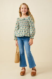 GS0074 Teal Mix Girls Smithsonian Shin Bijutsukai Ruffled Smocked Top Pose