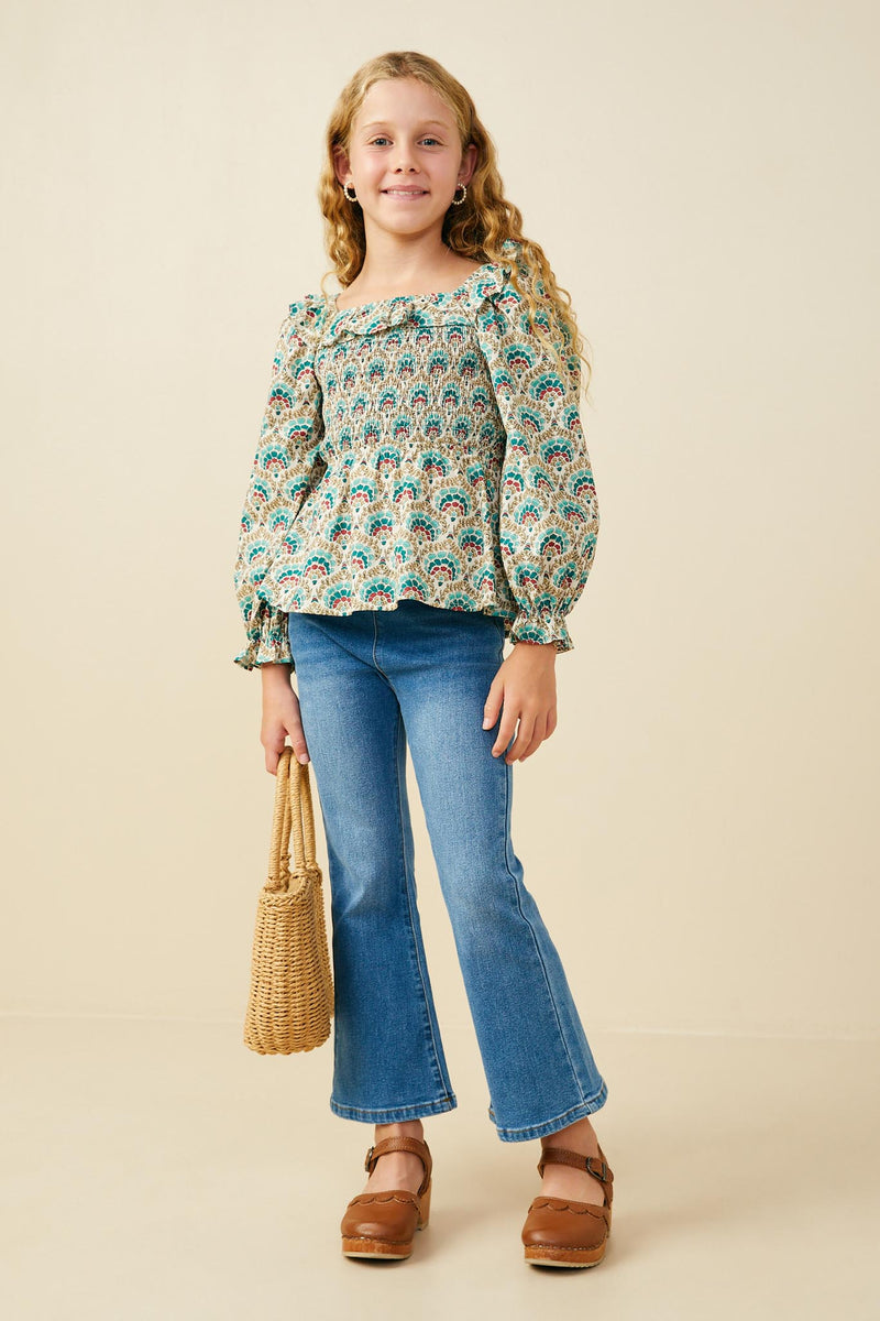 GS0074 Teal Mix Girls Smithsonian Shin Bijutsukai Ruffled Smocked Top Pose