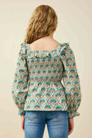 GS0074 Teal Mix Girls Smithsonian Shin Bijutsukai Ruffled Smocked Top Back