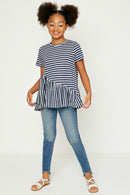GY1117-NAVY Ruffle Striped Tunic Top Front Detail