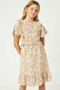Gy1134 Ivory Girls Floral Ruffle Shoulder Midi Dress Front