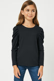 GY1207 Black Girls Pleated Puff Shoulder Knit Top Front