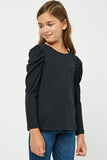 GY1207 Black Girls Pleated Puff Shoulder Knit Top Side