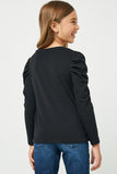 GY1207 Black Girls Pleated Puff Shoulder Knit Top  Back
