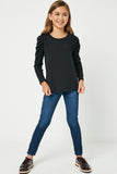 GY1207 Black Girls Pleated Puff Shoulder Knit Top Full Body