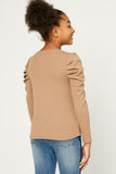 GY1207 Taupe Girls Pleated Puff Shoulder Knit Top Black