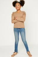GY1207 Taupe Girls Pleated Puff Shoulder Knit Top Full Body