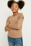 GY1207 Taupe Girls Pleated Puff Shoulder Knit Top Front