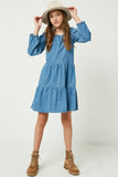 GY1218 Mid Denim Girls Chambray Tiered Dress Full Front
