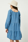 GY1218 Mid Denim Girls Chambray Tiered Dress Back