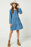 GY1218 Mid Denim Girls Chambray Tiered Dress Alternate Front