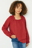GY1254 Burgundy Girls Tiered Pleated Shoulder Long Sleeve Top Front