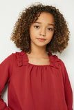 GY1254 Burgundy Girls Tiered Pleated Shoulder Long Sleeve Top Close Up