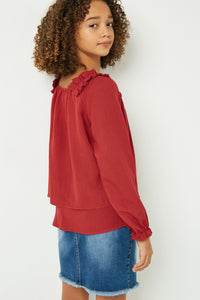 GY1254 Burgundy Girls Tiered Pleated Shoulder Long Sleeve Top Back