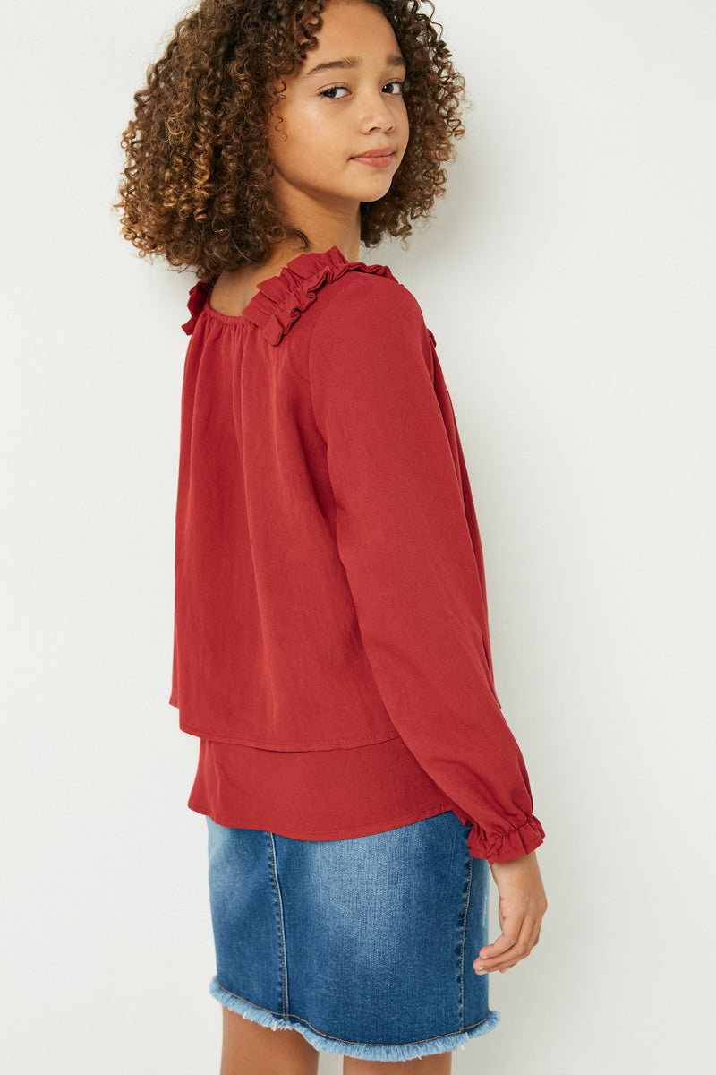 GY1254 Burgundy Girls Tiered Pleated Shoulder Long Sleeve Top Back