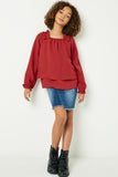 GY1254 Burgundy Girls Tiered Pleated Shoulder Long Sleeve Top Full Body