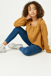 GY1254 Camel Girls Tiered Pleated Shoulder Long Sleeve Top Pose Front