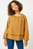 GY1254 Camel Girls Tiered Pleated Shoulder Long Sleeve Top Front