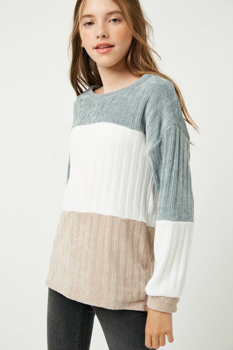GY1297 CREAM MIX Girls Chunky Knit Colorblock Top Front
