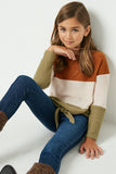 GY1313 Taupe Girls Waffle Knit Colorblock Tie Top Pose