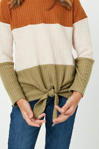 GY1313 Taupe Girls Waffle Knit Colorblock Tie Top Detail