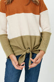 GY1313 Taupe Girls Waffle Knit Colorblock Tie Top Detail