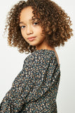 GY1327 Black Girls Square Neck Ruffle Sleeve Smocked Top Detail