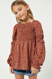 GY1327 Burgundy Girls Square Neck Ruffle Sleeve Smocked Top Front