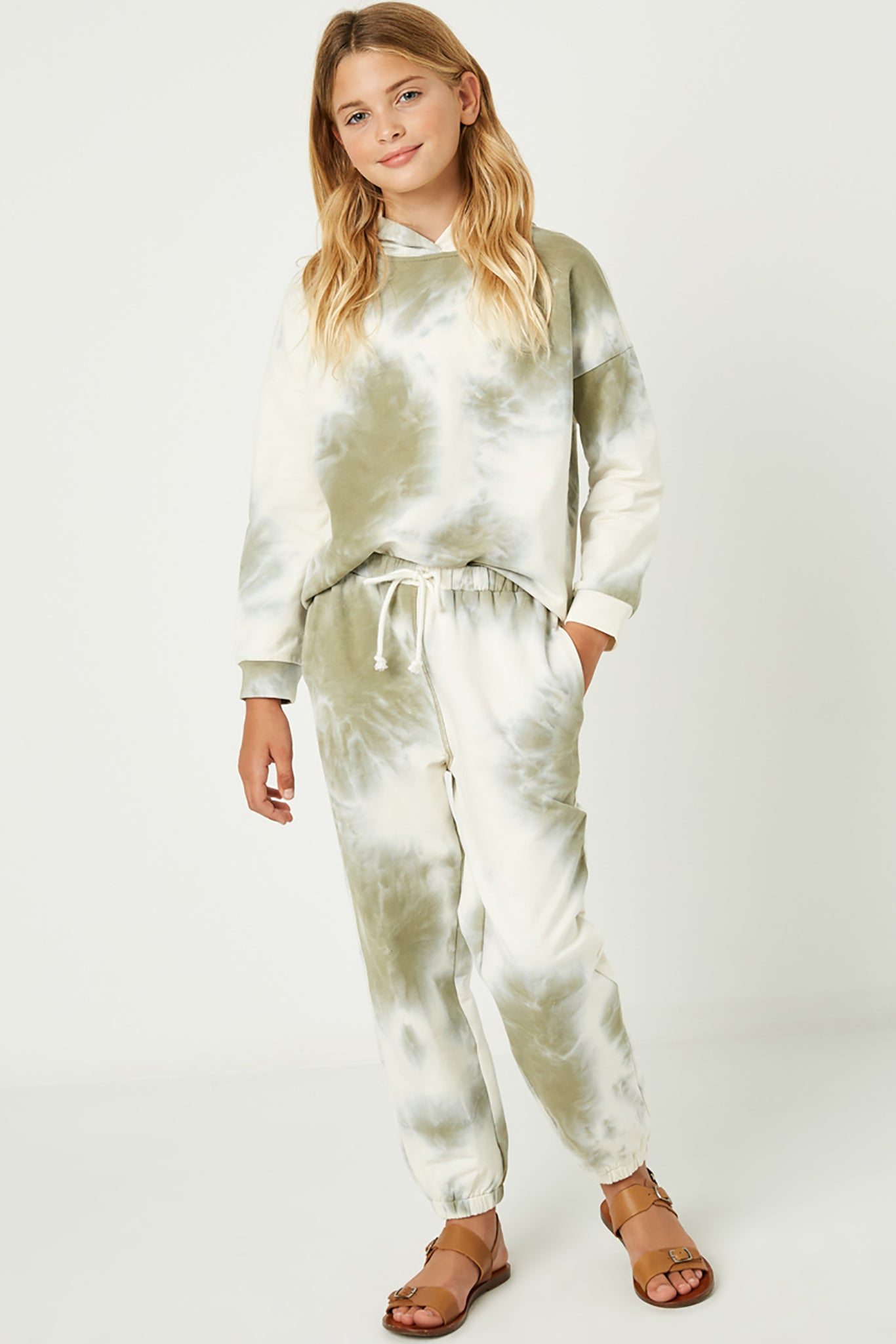 GY1331 Olive Girls Tie Dye Knit Joggers Full Front