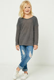 GY1337 Charcoal Girls Waffle Long Sleeve Top Front