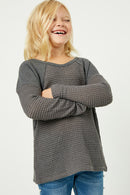 GY1337 Charcoal Girls Waffle Long Sleeve Top Pose