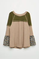 GY1340 Taupe Girls Floral Colorblock Raglan Top Flat Front