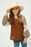 GY1341 Brown Girls Contrast Woven Sleeve Top Front