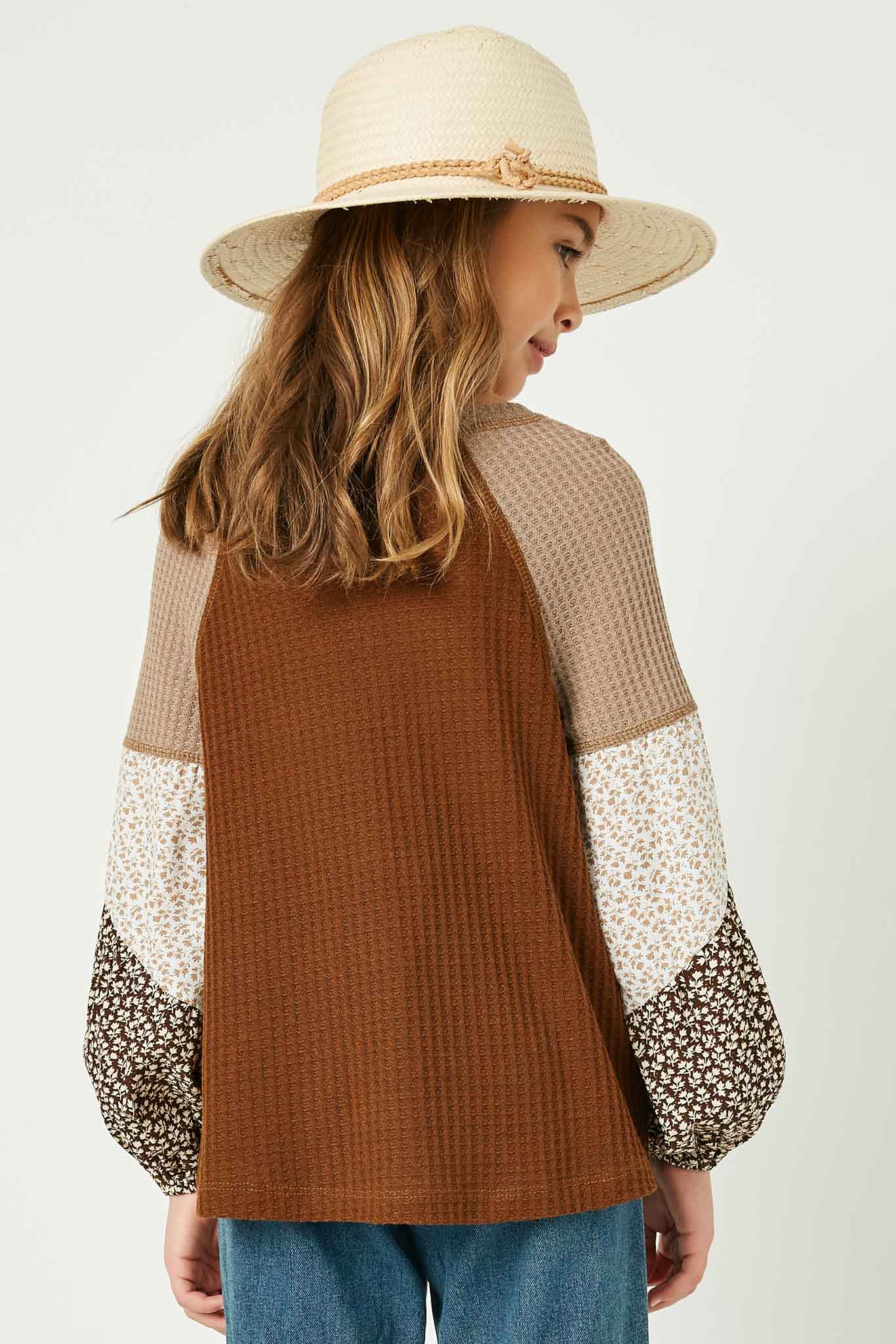 GY1341 Brown Girls Contrast Woven Sleeve Top Back