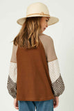 GY1341 Brown Girls Contrast Woven Sleeve Top Back