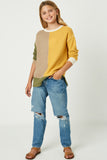 GY1347 TAUPE MIX Girls Colorblock Paneled Knit Sweater Full Body