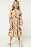 GY1348 Taupe Girls Ruffle Placket Floral Print Midi Dress Full Body
