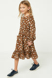 GY1350 Brown Girls Floral Print Ruffle Midi Dress Side