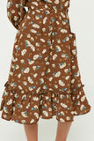 GY1350 Brown Girls Floral Print Ruffle Midi Dress Detail